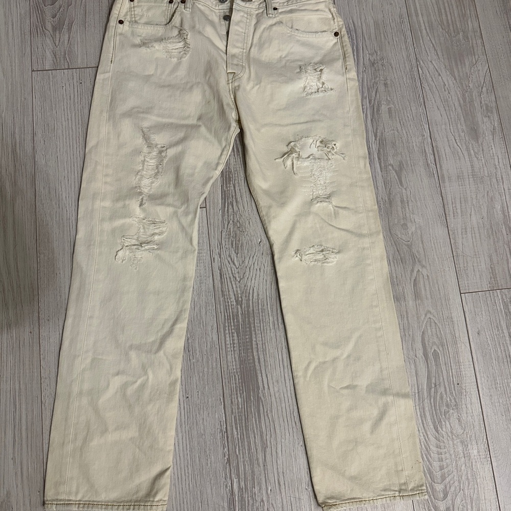 Levis 501 Mens 32x30Beige Distressed Button Fly